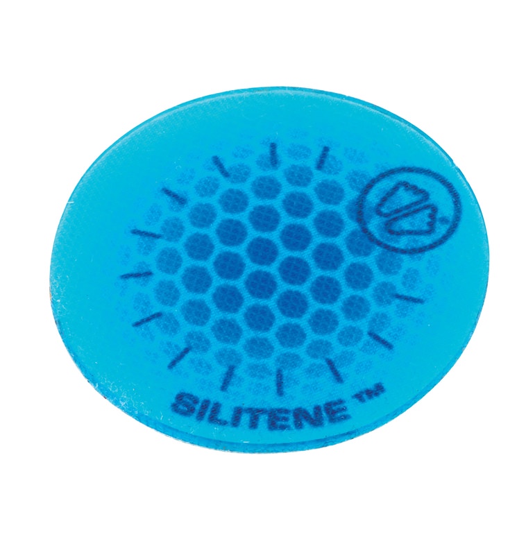 Blauer Knöchelschutz Blauer, runder Knöchelschutz mit Wabenmuster und Logo. "SILITENE" Schriftzug am unteren Rand.