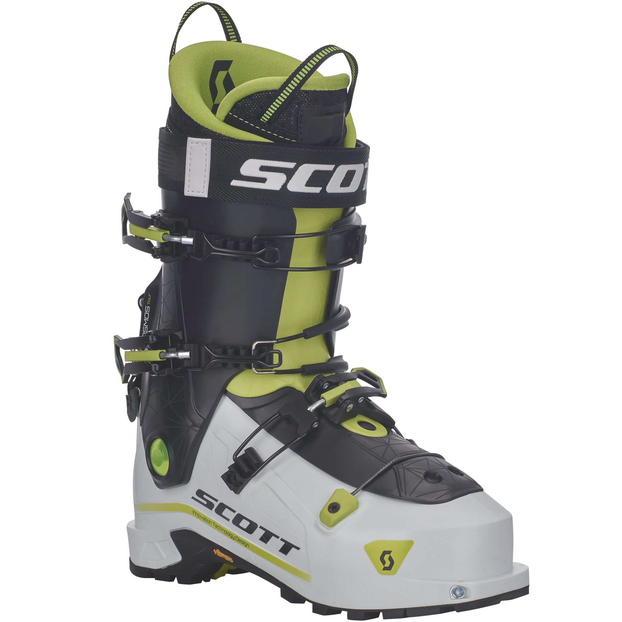 Scott Cosmos Tour Schuh Ski Tourenschuh, Scott Cosmos Tour, seitliche Ansicht. Weißer Unterschuh, schwarz-grüner Oberschuh mit Schnallen und Scott Logo.