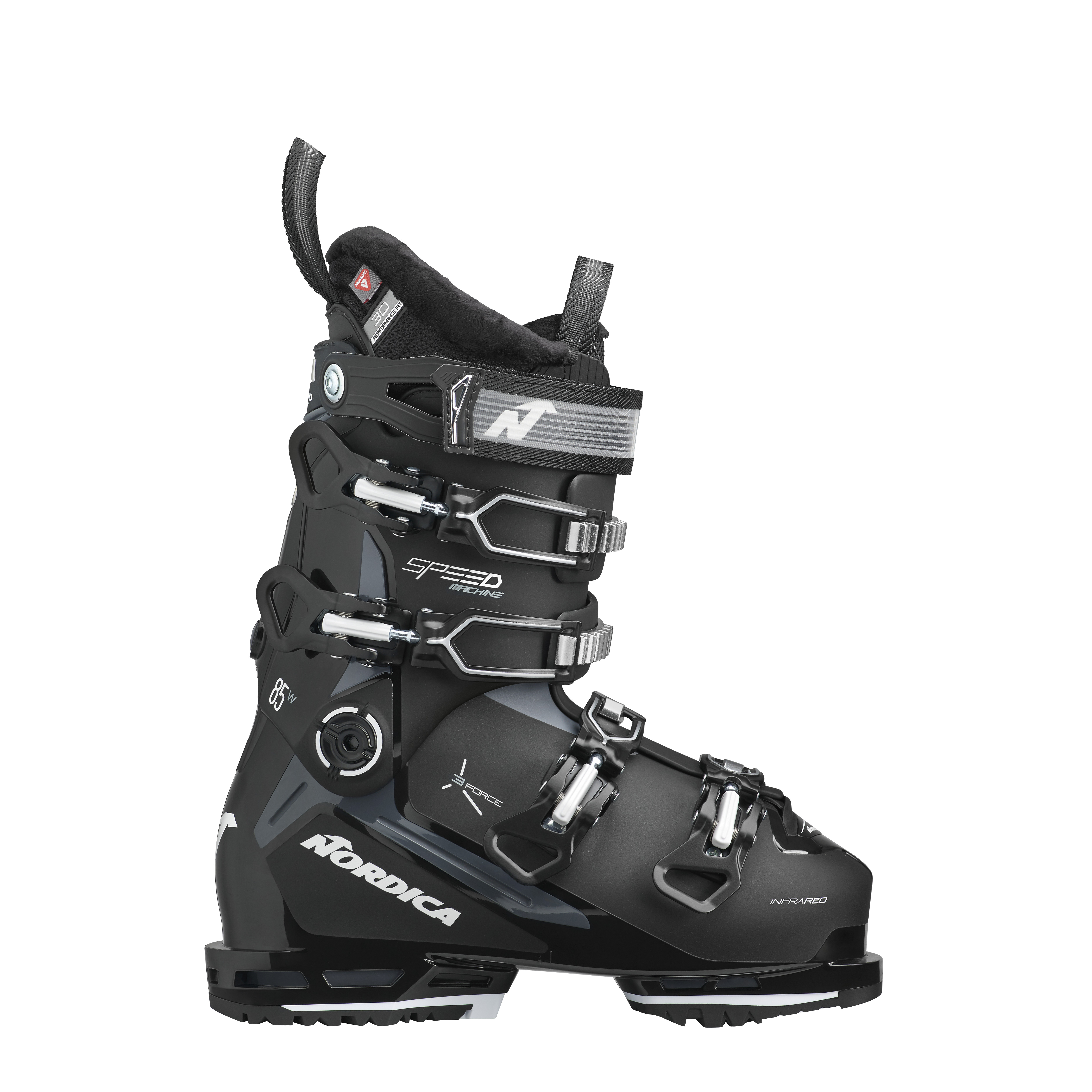Schwarzer Nordica Speedmachine 3 85 W GW Skischuh, seitliche Ansicht, vier Schnallen, weißes Nordica Logo.
