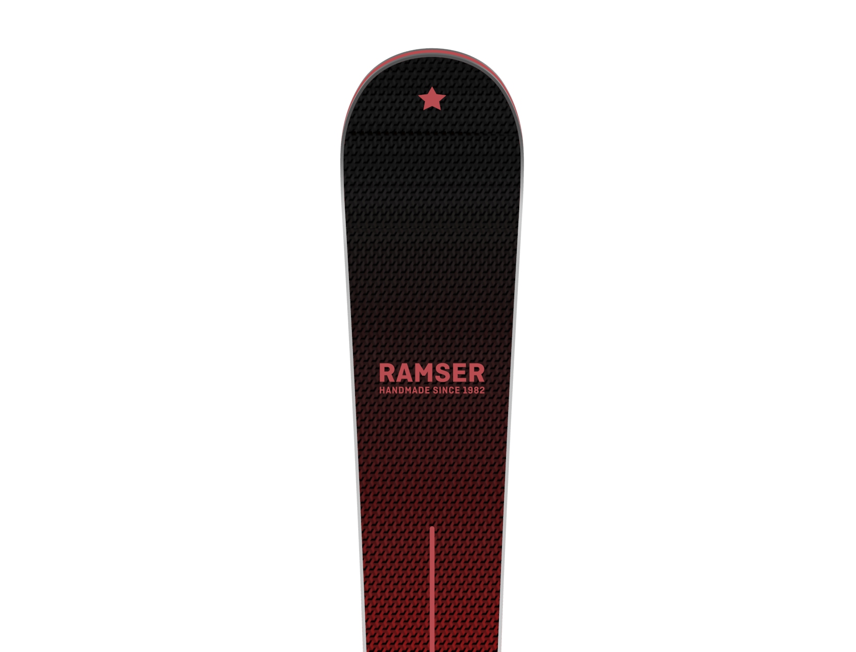 Ramser RED SL LTD Ski Nahaufnahme eines Ramser RED SL LTD Skis mit schwarzer zu roter Farbverlaufs-Textur und dem Ramser-Logo.