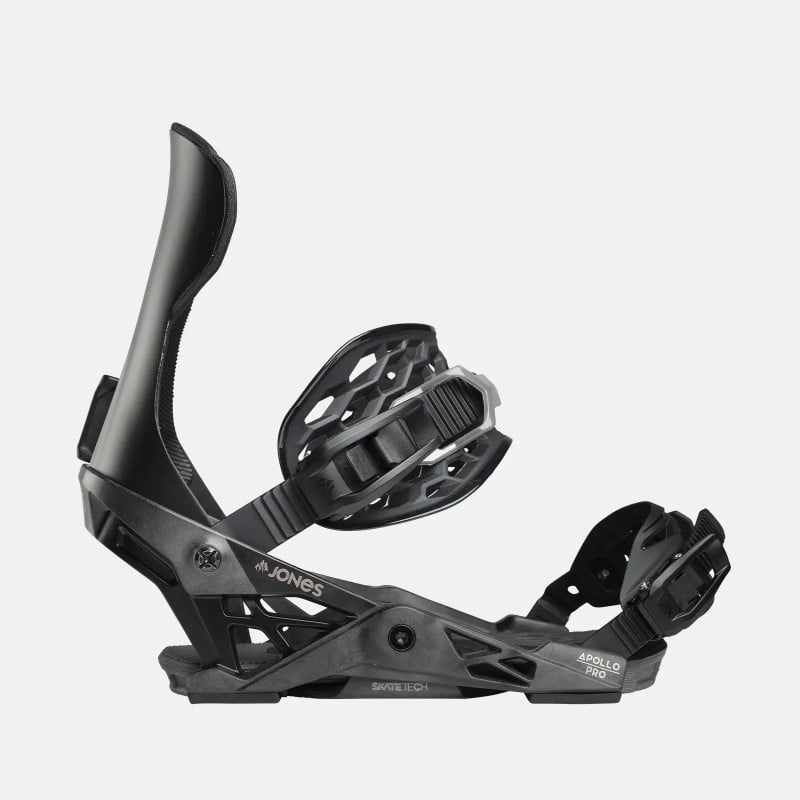Schwarze Snowboardbindung Schwarze Jones Apollo Pro Snowboardbindung, seitliche Ansicht mit sichtbaren Straps und Highback.