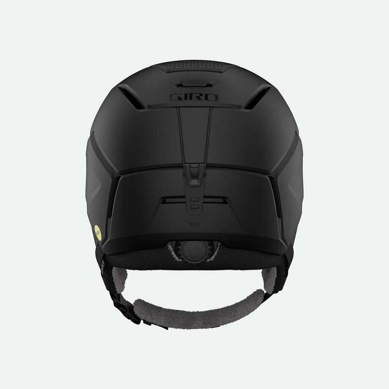 Rückansicht eines mattschwarzen Giro Tenet MIPS Women Skihelms mit Verstellsystem.