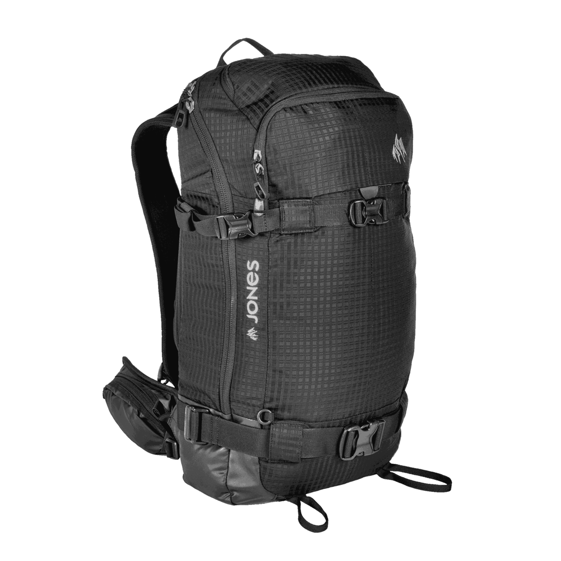 Schwarzer Outdoor-Rucksack Schwarzer Jones DSCNT 32L Rucksack, seitliche Ansicht, mit Riemen und Taschen, für Outdoor-Aktivitäten.