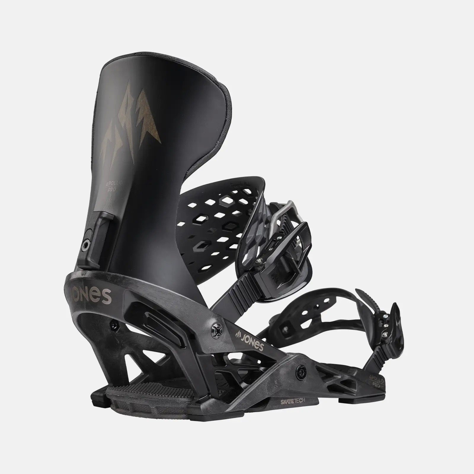 Jones Apollo Pro Bindung Schwarze Jones Apollo Pro Snowboardbindung im Detail, mit hohem Highback und SkateTech-Technologie, seitliche Ansicht.
