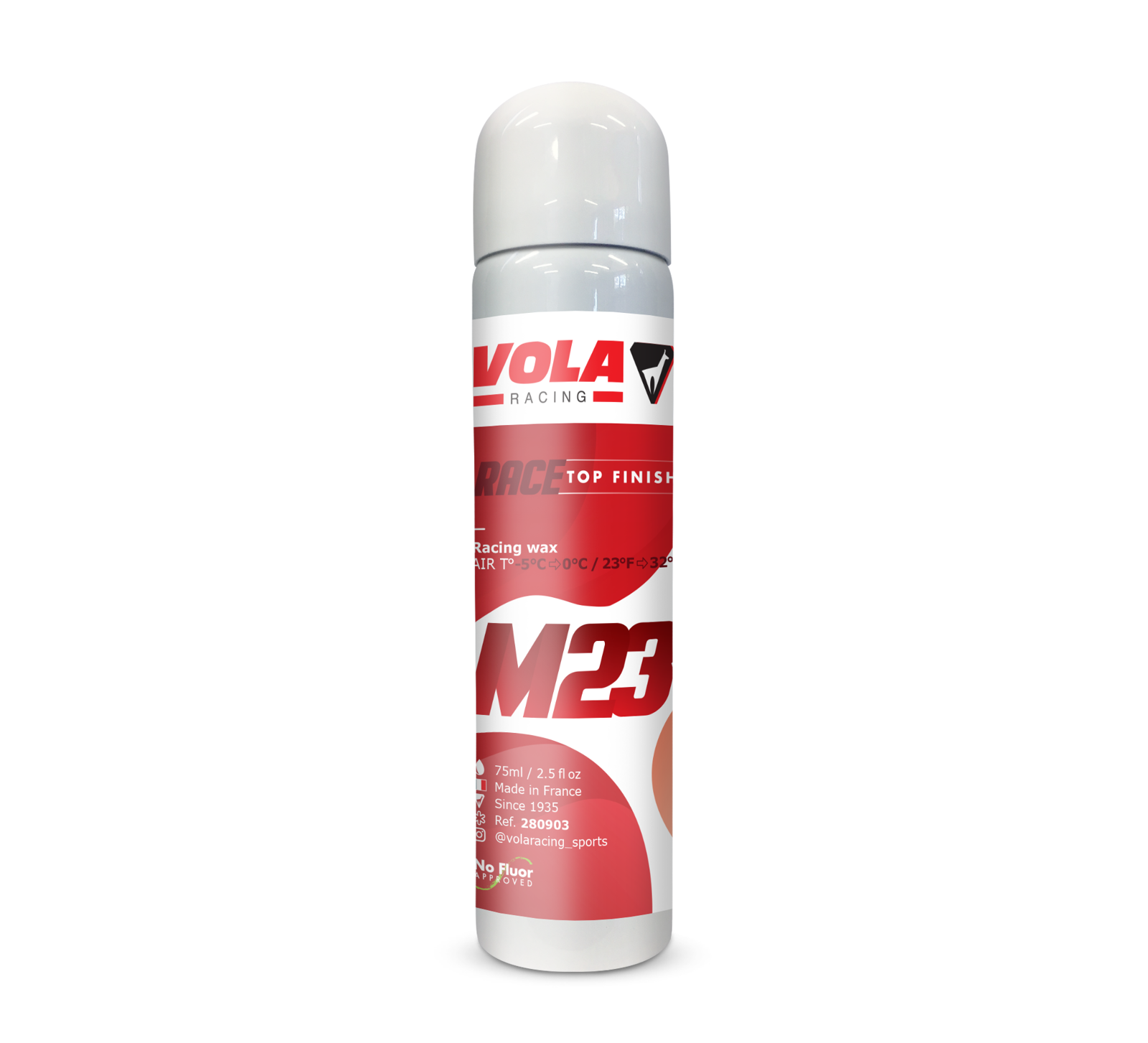 Spraydose Vola M23-Race Top Finish, rot-weiß, mit Produktinformationen.