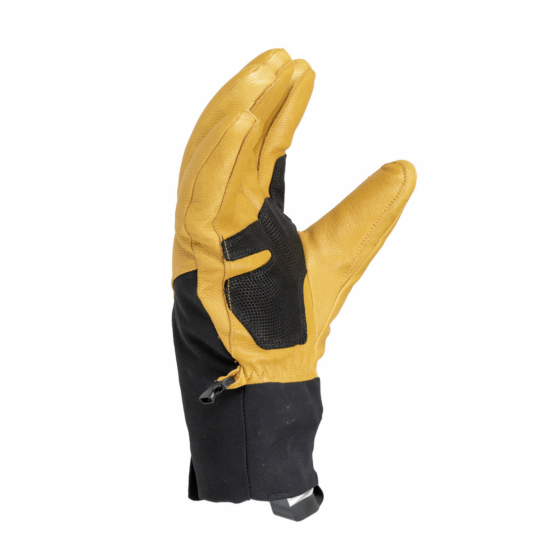 Therm-ic Freeride Handschuh Detailaufnahme Therm-ic Freeride Ultra Heat Handschuh, hellbraunes Leder, schwarzes Textil, Reißverschluss am Handgelenk.