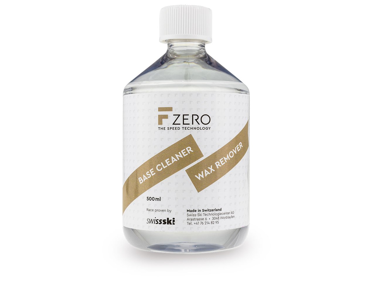 Eine durchsichtige Flasche F-Zero Base Cleaner Special, ein Produkt aus der WC Pro Wax Box.