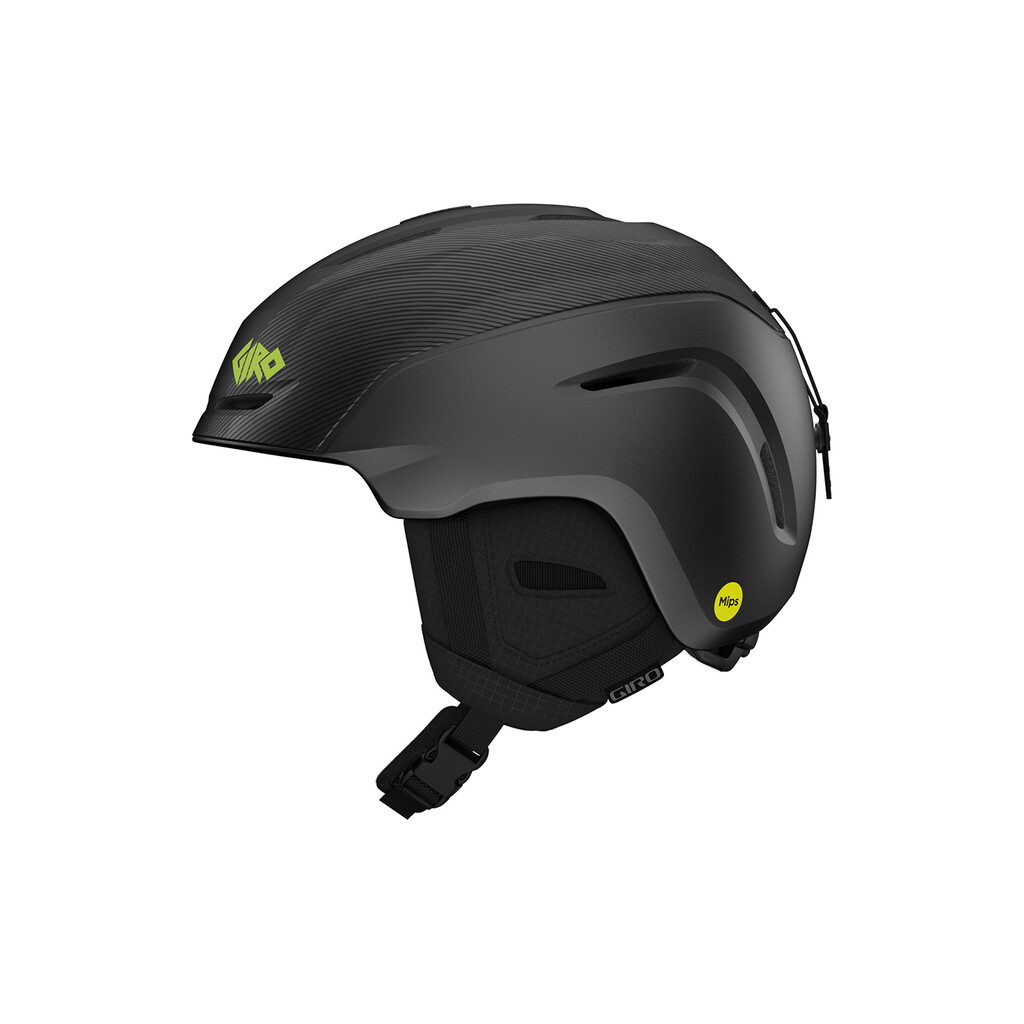 Casque de ski noir mat Giro Neo MIPS vu de côté, avec logo MIPS et coussinets d'oreille.