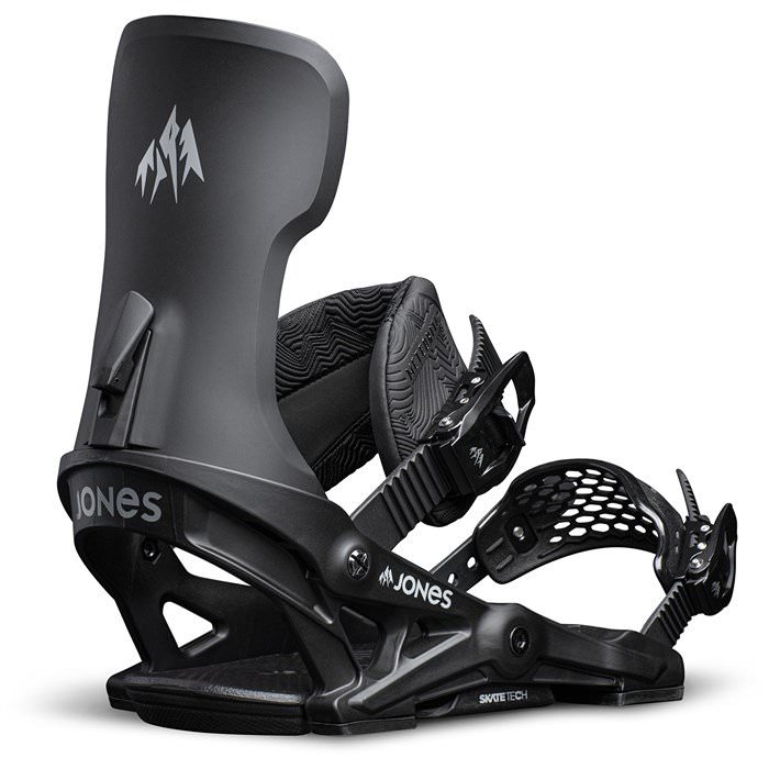 Schwarze Snowboardbindung Schwarze Jones Meteorite Snowboardbindung mit hohem Schaft und Riemen von der Seite.