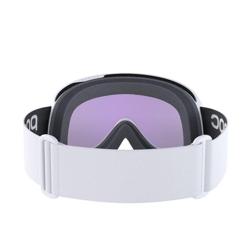 Weiße POC Skibrille Frontansicht: Weiße POC Retina Mid Skibrille mit lila Linse und verstellbarem Band.
