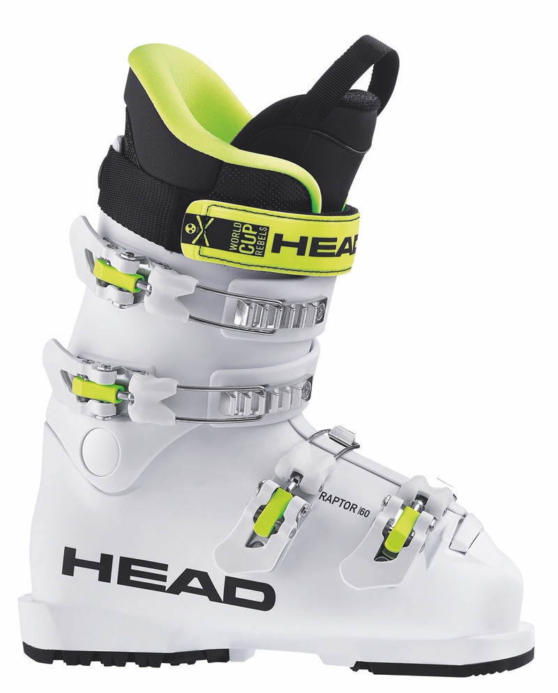 Weisser Head Raptor 60 Skischuh mit vier Schnallen und gelben Akzenten.