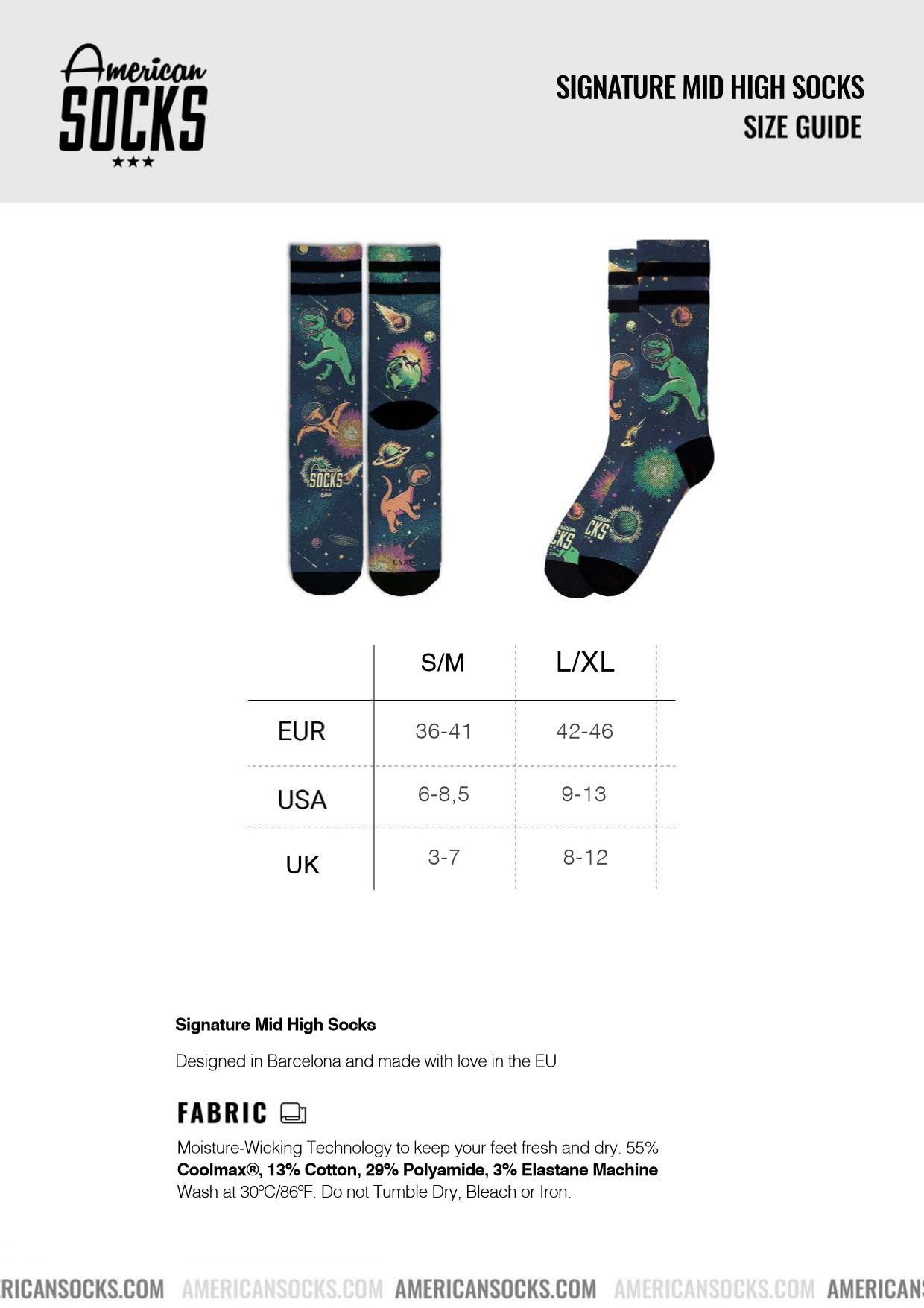 Tableau des tailles chaussettes Tableau des tailles pour American Socks Giftbox. Chaussettes Mid High avec motif de dinosaure. Indication de taille EUR, USA, UK.