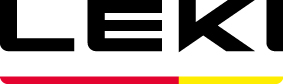Schwarzer Schriftzug "LEKI" über einem horizontalen Balken, der links rot und rechts gelb ist.