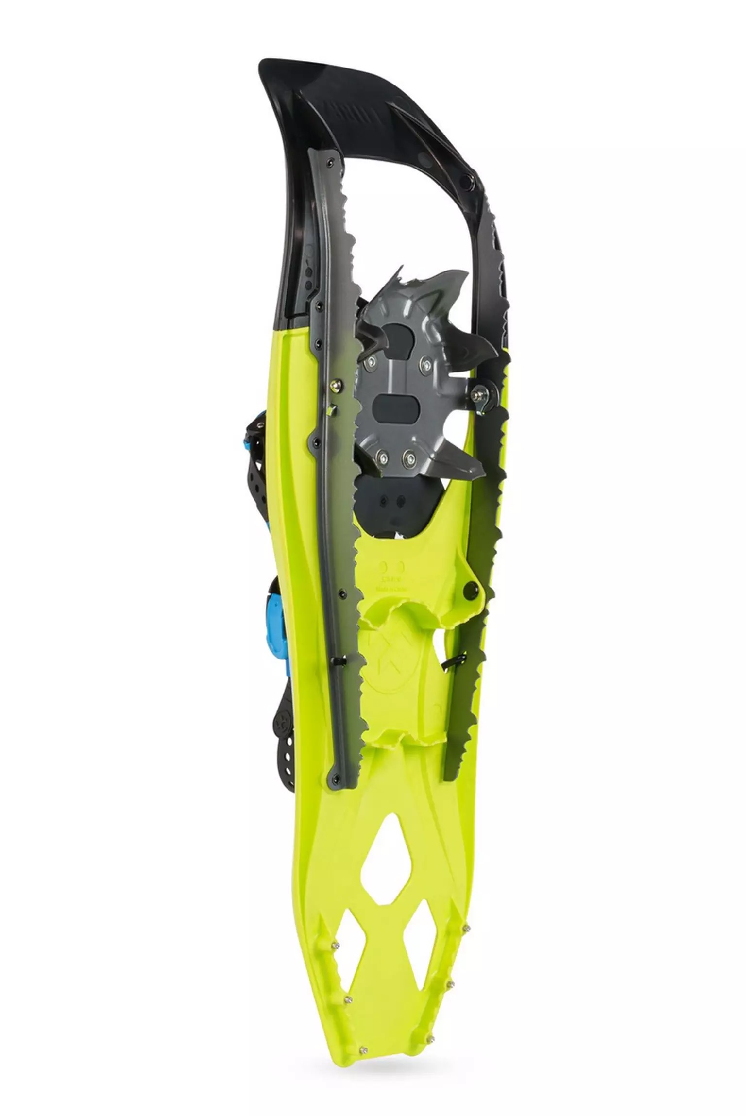 Limegrüner Damen Schneeschuh Ein limegrüner Tubbs Flex Alp 21 Damen Schneeschuh, seitlich stehend, mit schwarzen und grauen Details.