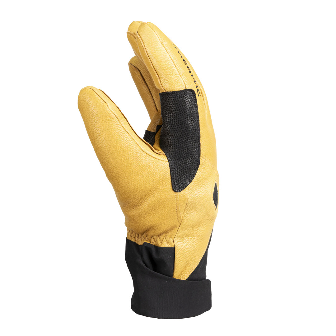 Freeride Lederhandschuh Hellbrauner Freeride Ultra Heat Lederhandschuh, Handinnenfläche nach vorne, schwarze Details am Handrücken und Handgelenk.