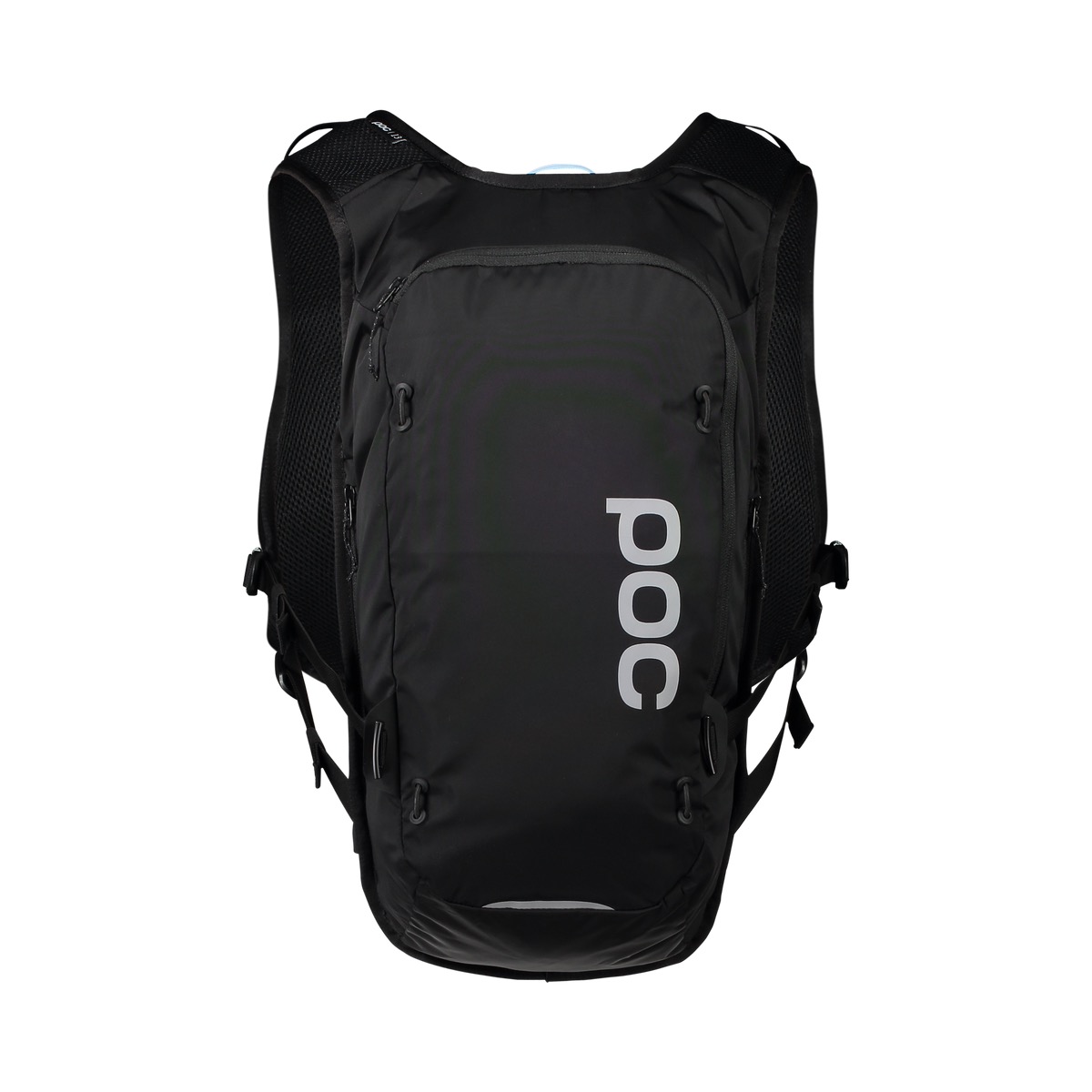 Schwarzer Column VPD Backpack 13L mit Schultergurten und Reflektorstreifen, seitlich bedruckt mit dem POC-Logo.