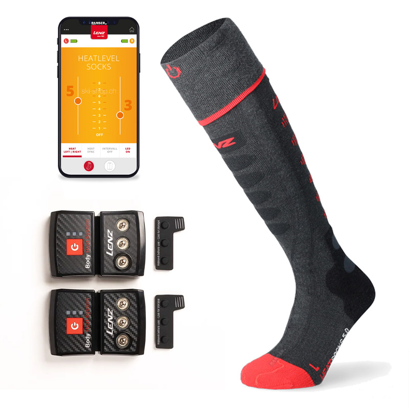 Die Magie der Beheizbaren Socken Graue Lenz Heizsocke mit Akkus, Bedienungsanleitung und App-Anzeige.
