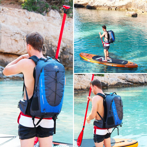 Collage: Mann mit wasserdichtem Rucksack paddelt auf dem Wasser. Der Rucksack ist blau-grau.