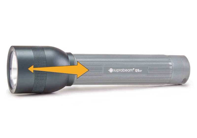 Suprabeam Q5xr Taschenlampe Suprabeam Q5xr Defend Taschenlampe, anthrazitgrau, mit gelbem Pfeil, der die Zoomfunktion andeutet.