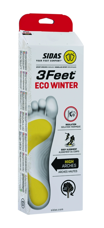 Sidas 3Feet Eco Einlegesohle Verpackung der Sidas 3Feet Eco Winter High Einlegesohle, mit Fußabdruck und Kennzeichnungen für hohe Fußgewölbe.