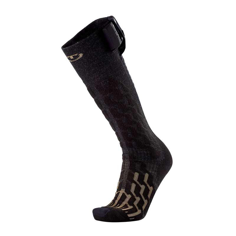 Powersocks Heat Fusion Herren Eine schwarze, knielange Powersocks Heat Fusion Men Socke mit Akku-Halterung und Muster am Fuß.