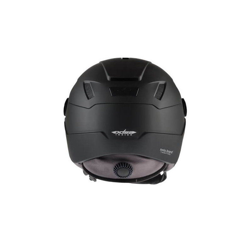 Schwarzer CP Skihelm Rückansicht des schwarzen CP Ski Corao+ Helms mit Belüftungssystem und Größenanpassungsrad.