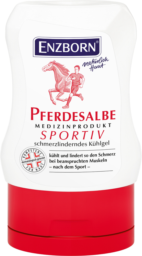Tube Pferdesalbe Sportiv mit Pferd und Sportler. Schmerzlinderndes Kühlgel für beanspruchte Muskeln.