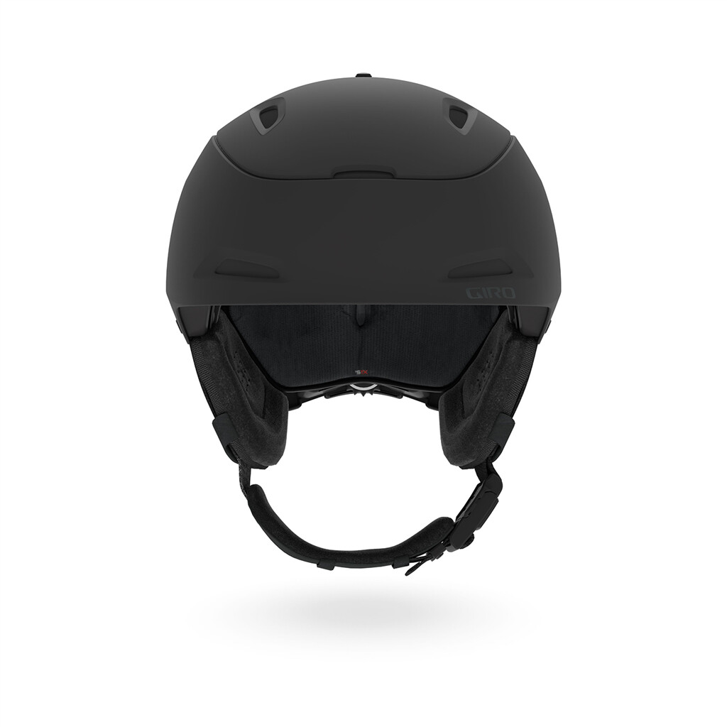 Frontansicht des mattschwarzen Giro Range MIPS Skihelms mit Ohrenpolstern und Kinnriemen.