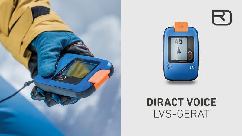 Blaues Ortovox Diract LVS-Gerät in der Hand mit Displayanzeige. Daneben freigestelltes Diract mit Ortovox Logo.