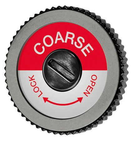 Runde, grobe Diamantscheibe mit rotem "Coarse"-Schriftzug, Drehschalter mit "Lock" und "Open"-Hinweis.