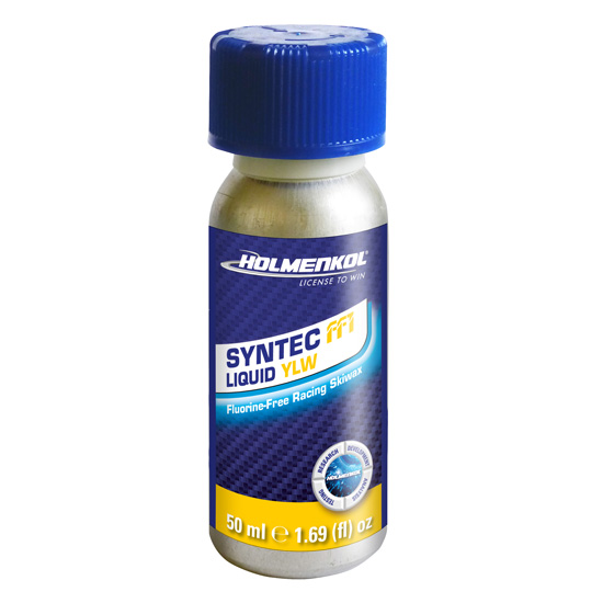 Silberne Flasche Holmenkol Syntec FF1 Liquid YLW Skiwachs mit blauem Deckel.