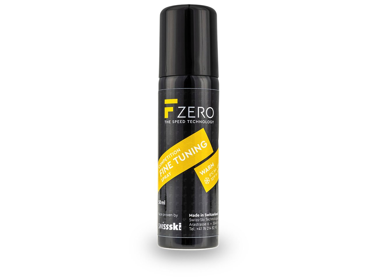 Schwarze Spraydose FZERO Fine Tuning Spray Warm mit gelbem Logo und Schriftzug.