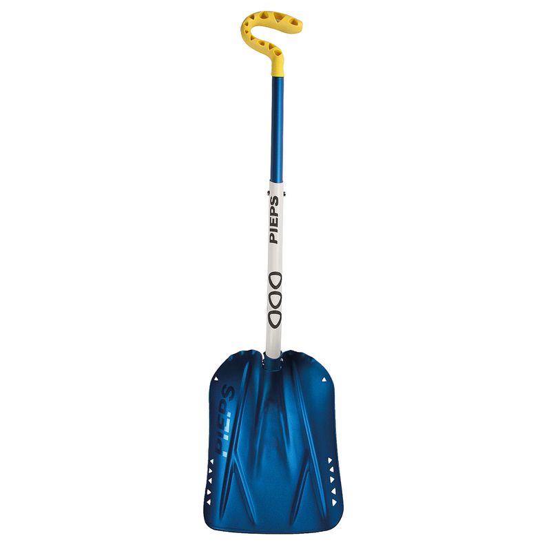 Blaue Pieps C 660 Schaufel mit gelbem C-Griff und Teleskopstiel, Schneeschaufel für Ski- und Bergsport.
