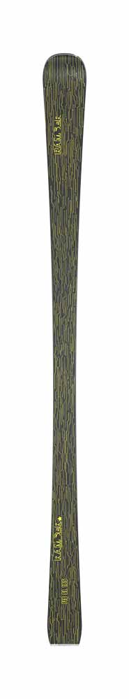 Ramser FIS SL Ski Ein Ramser FIS SL Ski mit gelbem, abstraktem Muster auf dunklem Grund. Der Ski ist ohne Bindung und von oben bis unten zu sehen.
