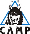 CAMP Markenlogo Logo der Marke CAMP: Blauer Rahmen in Dreiecksform, darin ein schwarzer Huskykopf. Darunter der Markenname CAMP in großen, schwarzen Buchstaben.