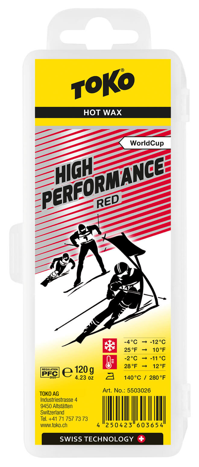 Emballage Toko Fart à chaud High Performance Red. Impression avec des skieurs stylisés et des indications de température.