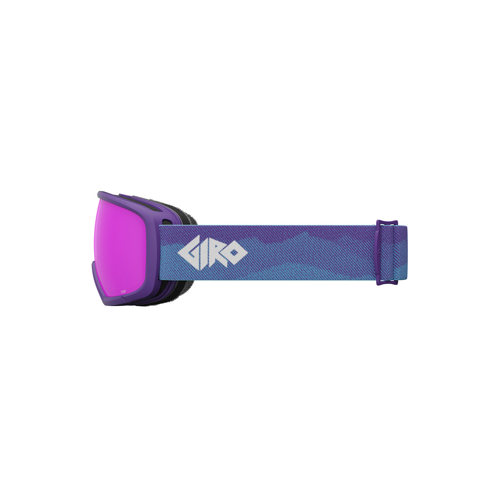 Lila Giro Stomp Flash Skibrille, seitliche Ansicht. Das Glas ist pink, das Band ist blau-lila gemustert.