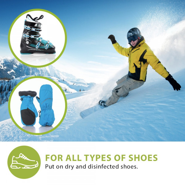 Skiausrüstung Collage Collage: Skischuh, Handschuhe im Kreis, Snowboarder auf Piste; Text: Für alle Schuhtypen, trocken & desinfiziert.