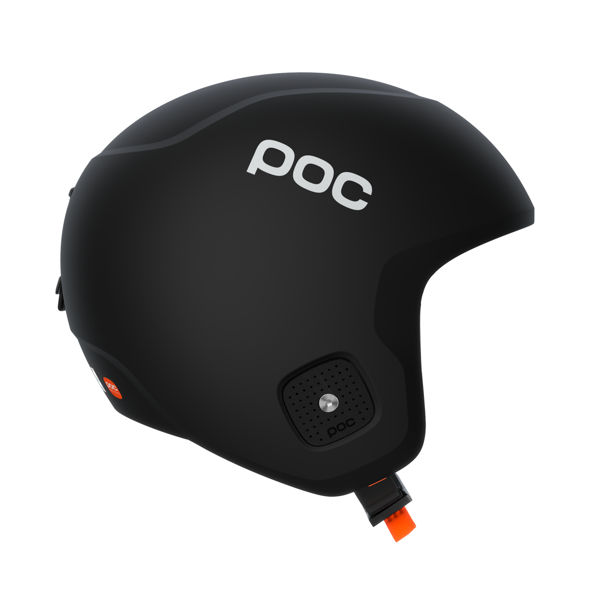 Schwarzer Poc Skull Dura X Spin Skihelm, seitliche Ansicht, mit weißem "Poc"-Logo und orangenem Kinnriemen auf weißem Hintergrund.