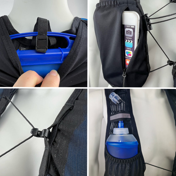 Hydrabag Elite 8L Details Details der Running Trinkweste Hydrabag Elite 8L: Wasserflasche, Tasche mit Handy, Trinkblase und Verschluss.