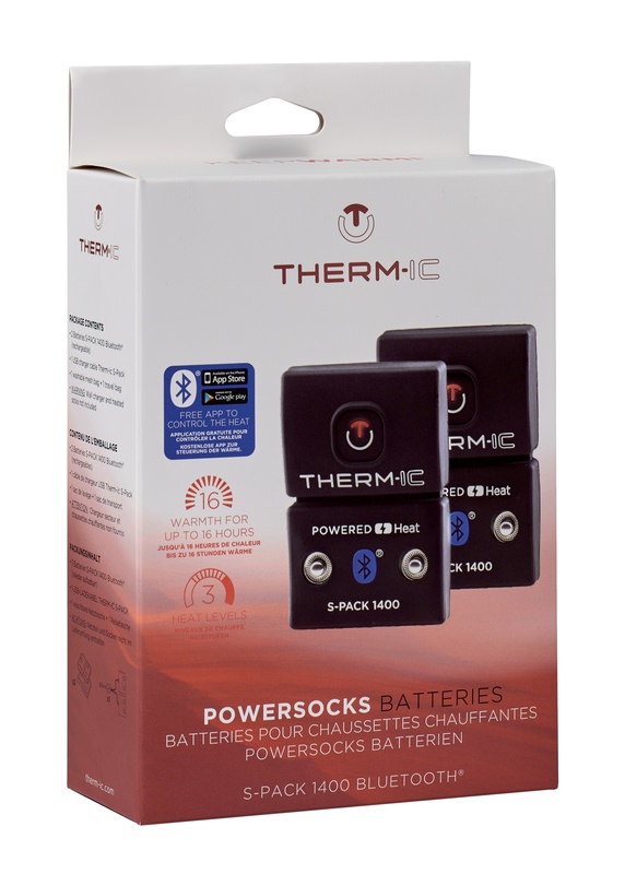Therm-ic Powersocks Heat Fusion Verpackung der Therm-ic Powersocks Heat Fusion Women mit zwei S-Pack 1400B Akkus, die übereinander gestapelt sind.