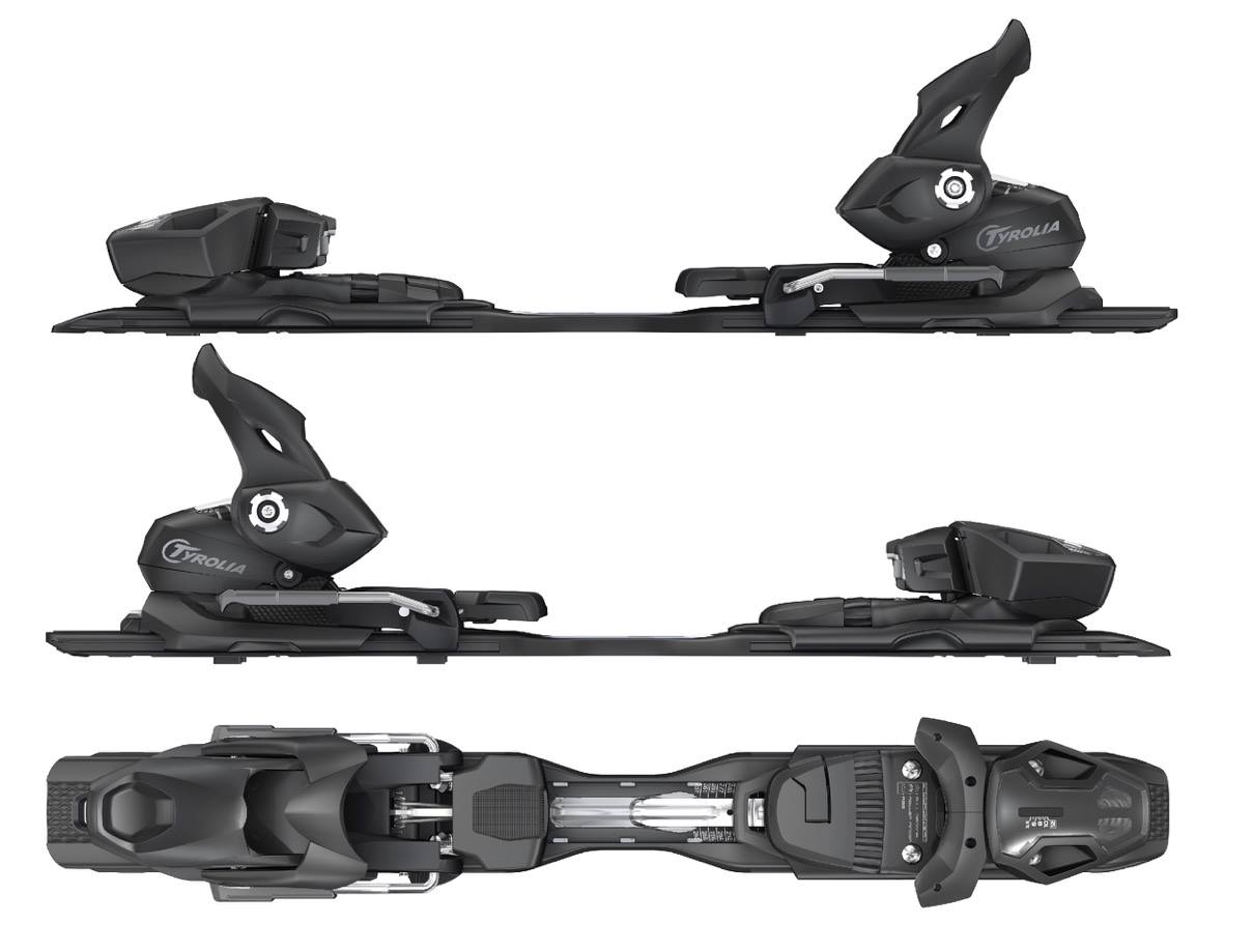 Ramser Black Ski-Bindung Drei Ansichten der Ramser Black Ski-Bindung in mattschwarz. Seitenansichten oben und mittig, Draufsicht unten.
