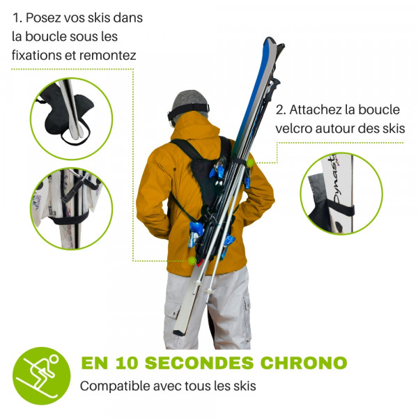 Skiback Cordura Light Person mit Skiern auf dem Rücken, getragen durch den Skiback Cordura Light, Nahaufnahme.