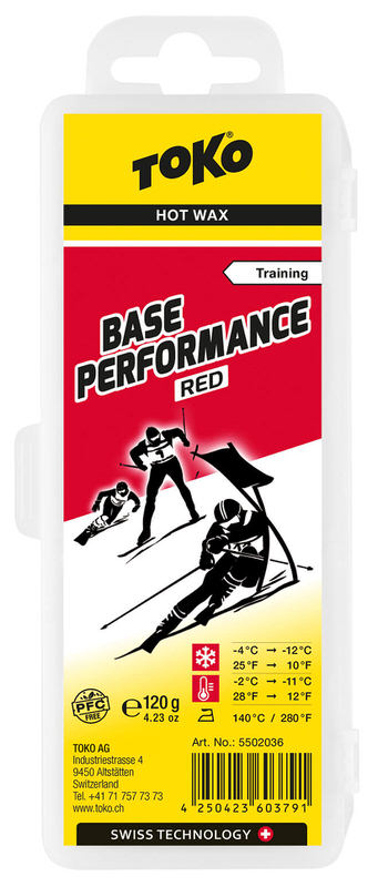 Toko Base Performance Wachs Toko Base Performance Red Skiwachs in Verpackung. Grafik mit Skifahrern. Angaben zu Temperatur und Gewicht.