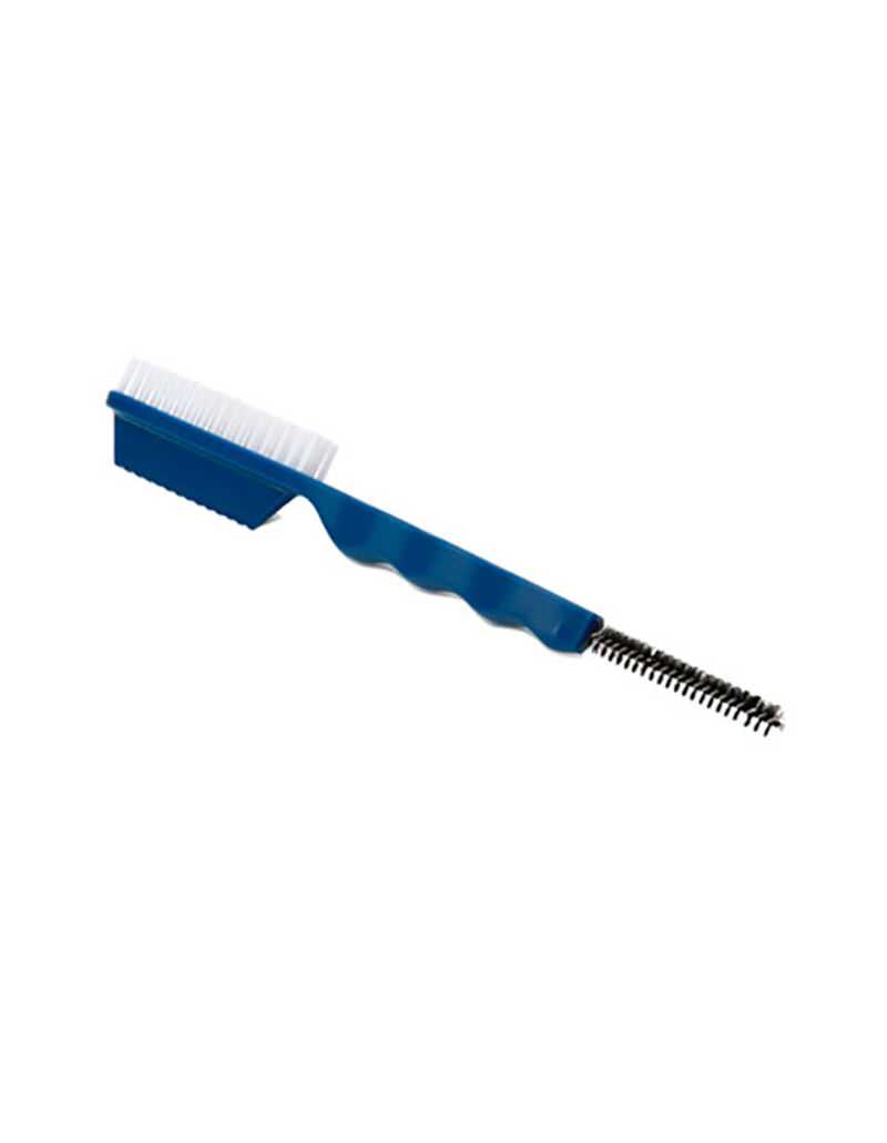 Blaue Pomoca Ski Bürste mit weißem Borstenkopf und kleiner, schwarzer Spiralbürste.