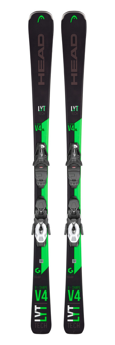 Zwei Head V-Shape V4 XL Ski mit Bindung, stehend, schwarz mit grünen Akzenten.