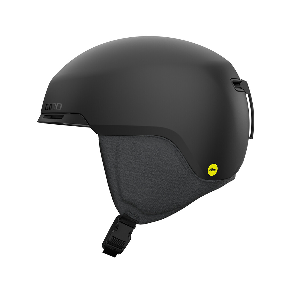 Mattschwarzer Giro Tagert MIPS Skihelm, seitliche Ansicht, mit Ohrenpolster und Kinnriemen.