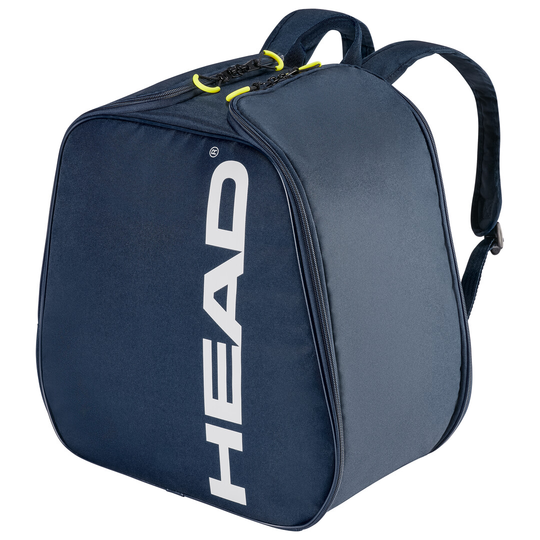 Blauer Head Skischuh Rucksack mit Tragegriffen und Schultergurten, Reißverschluss und weißem Markenlogo.