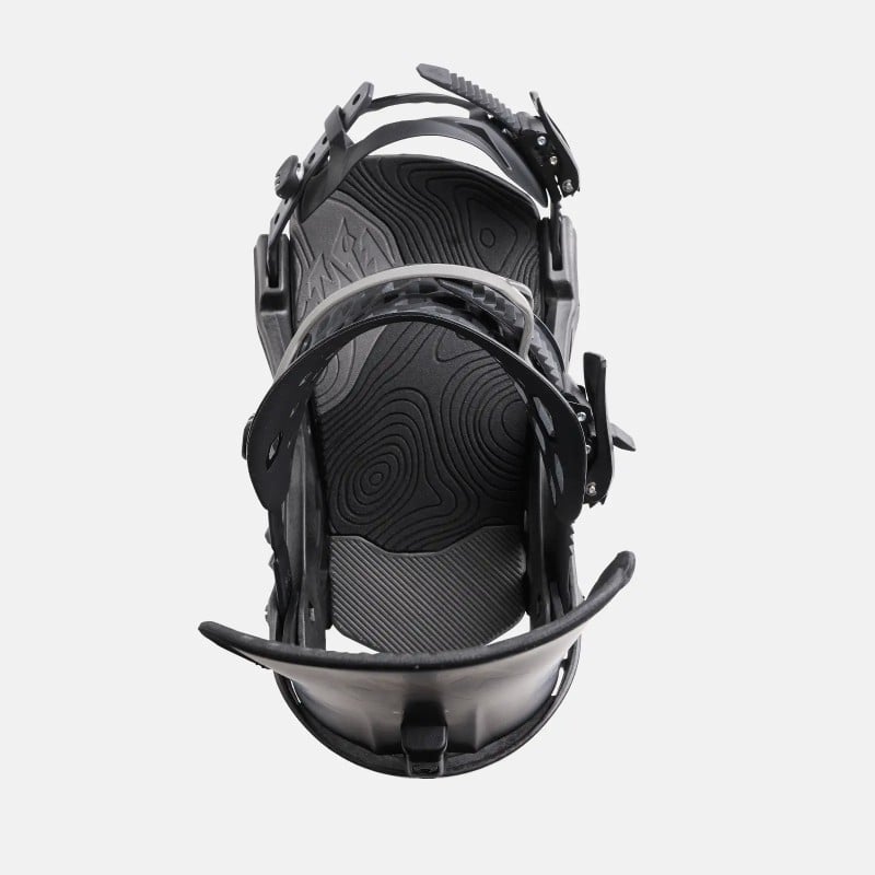 Jones Apollo Pro Snowboardbindung Schwarze Jones Apollo Pro Snowboardbindung, von oben fotografiert, zeigt Details wie Riemen und Fußbett.