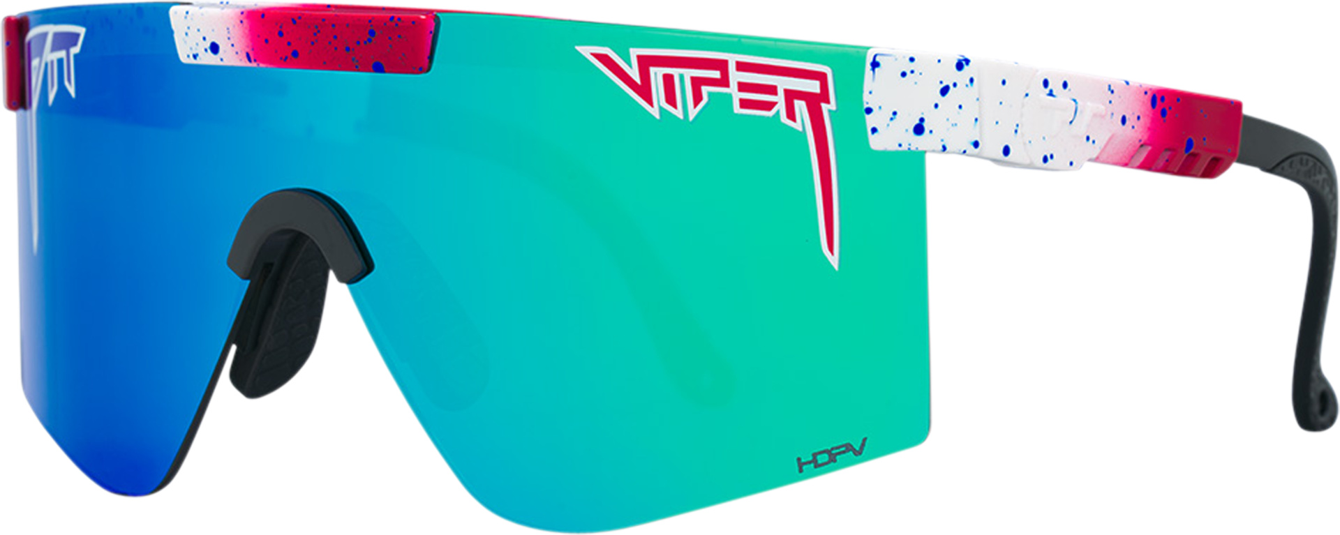 Die Pit Viper The Firecracker Sonnenbrille mit polarisierten, blau-grünlichen Gläsern und farbigen Akzenten im sportlichen Design.